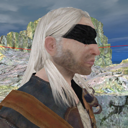 Geralt wearing a blindfold